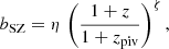 $$ \begin{aligned} b_{\rm SZ} = \eta \,\left( \frac{1+z}{1+z_{\rm piv}} \right)^\zeta , \end{aligned} $$