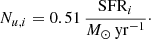 $$ \begin{aligned} N_{u,i} = 0.51 \, \frac{\mathrm{SFR}_i}{M_\odot \,\mathrm{yr}^{-1}}\cdot \end{aligned} $$