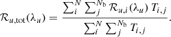 $$ \begin{aligned} \mathcal{R} _{u, \mathrm{tot}} (\lambda _u) = \frac{\sum _i^N \sum _j^{N_{\rm b}} \mathcal{R} _{u,i} (\lambda _u) \, T_{i,j}}{\sum _i^N \sum _j^{N_{\rm b}} T_{i,j}}. \end{aligned} $$