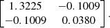 $$ \begin{aligned} \begin{bmatrix} 1.3225&-0.1009 \\ -0.1009&0.0380 \end{bmatrix}. \end{aligned} $$