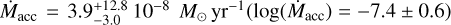 ${\dot M_{{\rm{acc}}}} = 3.9_{ - 3.0}^{ + 12.8}\,{10^{ - 8}}{M_ \odot }{\rm{y}}{{\rm{r}}^{ - 1}}\left( {\log \left( {{{\dot M}_{{\rm{acc}}}}} \right) = - 7.4 \pm 0.6} \right)$