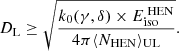 $$ \begin{aligned} D_{\rm L} \ge \sqrt{\frac{k_0(\gamma ,\delta ) \times E_{\text{iso}}^{\text{ HEN}}}{4\pi \langle N_{\text{HEN}} \rangle _{\text{UL}}}} .\end{aligned} $$