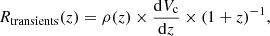 $$ \begin{aligned} R_{\text{transients}}(z) = \rho (z) \times \frac{\mathrm{d}V_{\rm c}}{\mathrm{d}z}\times (1+z)^{-1} ,\end{aligned} $$