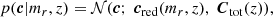 $$ \begin{aligned} p({\boldsymbol{c}}|m_{r},z) = \mathcal{N} ({\boldsymbol{c}};\; {\boldsymbol{c}}_{\rm red}(m_{r},z),\; {\boldsymbol{C}}_{\rm tot}(z)), \end{aligned} $$