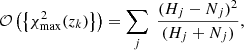 $$ \begin{aligned} \mathcal{O} \left(\left\{ \chi ^{2}_{\rm max}(z_k)\right\} \right) = \sum _j \; \frac{(H_j-N_j)^{2}}{(H_j + N_j)}, \end{aligned} $$
