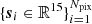 $ \{{\boldsymbol{s}}_{i} \in \mathbb{R}^{15}\}_{i=1}^{N_{\mathrm{pix}}} $