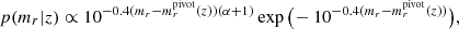 $$ \begin{aligned} p(m_{r}|z) \propto 10^{-0.4(m_{r}-m_{r}^\mathrm{pivot}(z))(\alpha +1)} \exp \big (\!-10^{-0.4(m_{r}-m_{r}^\mathrm{pivot}(z))}\big ), \end{aligned} $$
