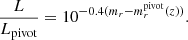 $$ \begin{aligned} \frac{L}{L_{\rm pivot}} = 10^{-0.4(m_{r}-m_{r}^\mathrm{pivot}(z))}. \end{aligned} $$