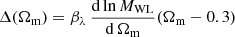 $ \Delta (\Omega_{\mathrm{m}}) = \beta_\lambda \, \frac{\mathrm{d} \ln M_{\mathrm{WL}}}{\mathrm{d} \, \Omega_{\mathrm{m}}} (\Omega_{\mathrm{m}} - 0.3) $