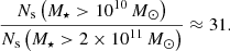 $$ \begin{aligned} \frac{\displaystyle N_{\rm s}\left(M_\star >10^{10}\,M_\odot \right) }{\displaystyle N_{\rm s }\left(M_\star >2\times 10^{11}\,M_\odot \right) } \approx 31. \end{aligned} $$