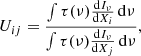 $$ \begin{aligned} U_{ij} = \frac{\int \tau (\nu )\frac{\mathrm{d}I_{\nu }}{\mathrm{d}X_i}\, \mathrm{d}\nu }{\int \tau (\nu )\frac{\mathrm{d}I_{\nu }}{\mathrm{d}X_j}\,\mathrm{d}\nu }, \end{aligned} $$
