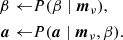 $$ \begin{aligned} \beta \leftarrow&P(\beta \mid \boldsymbol{m}_{\nu }),\\ {\boldsymbol{a}}\leftarrow&P({\boldsymbol{a}}\mid \boldsymbol{m}_{\nu },\beta ). \end{aligned} $$