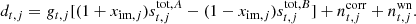 $$ \begin{aligned} d_{t,j} = g_{t,j}[(1+x_{\mathrm{im} ,j})s_{t,j}^{\mathrm{tot} ,A} - (1-x_{\mathrm{im} ,j})s_{t,j}^{\mathrm{tot} ,B}] +n_{t,j}^\mathrm{corr} + n_{t,j}^\mathrm{wn} . \end{aligned} $$