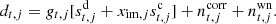 $$ \begin{aligned} d_{t,j}=g_{t,j}[s_{t,j}^\mathrm{d} +x_{\mathrm{im} ,j}{s_{t,j}^\mathrm{c} }] +n_{t,j}^\mathrm{corr} +n_{t,j}^\mathrm{wn} . \end{aligned} $$