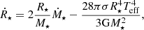 $$ \begin{aligned} \dot{R}_\star = 2 \frac{R_\star }{M_\star } \dot{M}_\star - \frac{28 \pi \sigma R_\star ^4 T_{\rm eff}^4}{3 \mathrm{G} M_\star ^2}, \end{aligned} $$