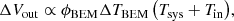 $$ \begin{aligned} \Delta V_{\rm out} \propto \phi _{\rm BEM} \Delta T_{\rm BEM} \left(T_{\rm sys} + T_{\rm in} \right)\!, \end{aligned} $$