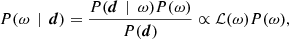 $$ \begin{aligned} P(\omega \,\mid \,\boldsymbol{d}) = \frac{P(\boldsymbol{d}\,\mid \,\omega )P(\omega )}{P(\boldsymbol{d})} \propto \mathcal{L} (\omega )P(\omega ), \end{aligned} $$