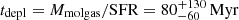 $ t_\mathrm{{depl}}={M_\mathrm{{molgas}}}/\mathrm{SFR}=80_{-60}^{+130}\,\rm{Myr} $