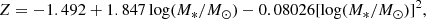 $$ \begin{aligned} {Z = -1.492 + 1.847\log (M_*/M_\odot ) - 0.08026[\log (M_*/M_\odot )]^2}, \end{aligned} $$