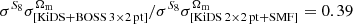 $ \sigma^{S_8}\sigma^{\Omega_{\mathrm{m}}}_{[\mathrm{KiDS+BOSS\, 3\times 2\,pt}]} / \sigma^{S_8}\sigma^{\Omega_{\mathrm{m}}}_{[\mathrm{KiDS\, 2\times 2\,pt+SMF}]} = 0.39 $