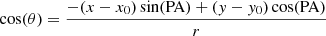 $$ \begin{aligned} \cos (\theta ) = \frac{- (x-x_0) \sin (\mathrm{PA} ) + ({ y}-{ y}_0) \cos (\mathrm{PA} )}{r} \end{aligned} $$