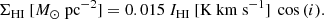 $$ \begin{aligned} \Sigma _{\rm HI}~[M_{\odot }~\mathrm{pc} ^{-2}] = 0.015~I_{\mathrm{HI} }~ [\mathrm{K~km~s} ^{-1}] ~ \cos {(i)}. \end{aligned} $$
