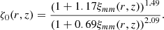 $$ \begin{aligned} \zeta _0(r,z) = \frac{\left(1+1.17\xi _{mm}(r,z)\right)^{1.49}}{\left(1+0.69\xi _{mm}(r,z)\right)^{2.09}}. \end{aligned} $$