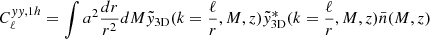 $$ \begin{aligned} C_\ell ^{yy,1h}&= \int a^2\frac{dr}{r^2}dM\tilde{y}_{\rm 3D}(k=\frac{\ell }{r},M,z)\tilde{y}_{\rm 3D}^*(k=\frac{\ell }{r},M,z)\bar{n}(M,z) \end{aligned} $$