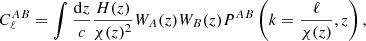 $$ \begin{aligned} C_\ell ^{AB} = \int \frac{\mathrm{d}z}{c}\frac{H(z)}{\chi (z)^2}W_A(z)W_B(z)P^{AB}\left(k=\frac{\ell }{\chi (z)},z\right), \end{aligned} $$