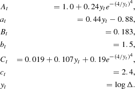$$ \begin{aligned}&A_t&= 1.0+0.24{ y}_te^{-(4/{ y}_t)^4},\\&a_t&= 0.44{ y}_t-0.88, \\&B_t&= 0.183, \\&b_t&= 1.5, \\&C_t&= 0.019+0.107{ y}_t+0.19e^{-(4/{ y}_t)^4}, \\&c_t&= 2.4, \\&{ y}_t&= \log {\Delta .} \end{aligned} $$