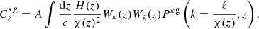 $$ \begin{aligned} C_\ell ^{\kappa \mathrm{g}} = A\int \frac{\mathrm{d}z}{c}\frac{H(z)}{\chi (z)^2}W_\kappa (z)W_{\rm g}(z)P^{\kappa \mathrm{g}}\left(k=\frac{\ell }{\chi (z)},z\right). \end{aligned} $$
