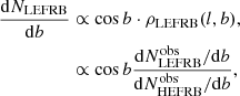 $$ \begin{aligned} \frac{ \mathrm{d} N_{\rm LEFRB} }{\mathrm{d}b}&\propto \cos b\cdot \rho _{\rm LEFRB}(l,b),\nonumber \\&\propto \cos b {\mathrm{d} N_{\rm LEFRB}^\mathrm{obs}/ \mathrm{d}b\over \mathrm{d} N_{\rm HEFRB}^\mathrm{obs}/ \mathrm{d}b}, \end{aligned} $$