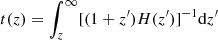 $ t(z)=\int_z^{\infty}[(1+z^\prime)H(z^\prime)]^{-1}\mathrm{d}z^\prime $