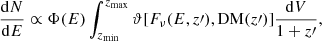 $$ \begin{aligned} \frac{\mathrm{d} N}{\mathrm{d} E} \propto \Phi (E)\int _{z_{\mathrm{min}}}^{z_{\mathrm{max}}}\vartheta [F_{\nu }(E,z\prime ),{\mathrm{DM}}(z\prime )] \frac{\mathrm{d} V}{1+z\prime }, \end{aligned} $$