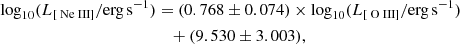$$ \begin{aligned} \mathrm{log}_{10}( L_{[{\text{ Ne}}{\small {\uppercase {\text{ iii}}}}]} / \mathrm{erg \, s}^{-1} )&= (0.768\pm 0.074) \times \mathrm{log}_{10}( L_{[{\text{ O}}{\small {\uppercase {\text{ iii}}}}]} / \mathrm{erg\, s}^{-1}) \nonumber \\&\quad + (9.530 \pm 3.003) , \end{aligned} $$