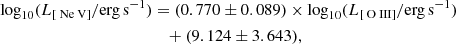 $$ \begin{aligned} \mathrm{log}_{10}( L_{[{\text{ Ne}}{\small {\uppercase {\text{ v}}}}]} / \mathrm{erg \, s}^{-1} )&= (0.770\pm 0.089) \times \mathrm{log}_{10}( L_{[{\text{ O}}{\small {\uppercase {\text{ iii}}}}]} / \mathrm{erg \, s}^{-1} )\nonumber \\&\quad + (9.124 \pm 3.643) , \end{aligned} $$