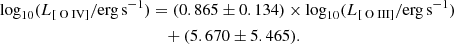$$ \begin{aligned} \mathrm{log}_{10}( L_{[{\text{ O}}{\small {\uppercase {\text{ iv}}}}]} / \mathrm{erg \, s}^{-1} )&= (0.865\pm 0.134) \times \mathrm{log}_{10}( L_{[{\text{ O}}{\small {\uppercase {\text{ iii}}}}]} / \mathrm{erg\, s}^{-1}) \nonumber \\&\quad + (5.670 \pm 5.465) . \end{aligned} $$