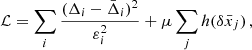 $$ \begin{aligned} \mathcal{L} = \sum _i\frac{(\Delta _i - \bar{\Delta }_i)^2}{\varepsilon ^2_i} + \mu \sum _j h(\delta \bar{x}_j)\,, \end{aligned} $$