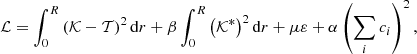 $$ \begin{aligned} \mathcal{L} = \int _0^R \left(\mathcal{K} - \mathcal{T} \right)^2\mathrm{d}{r} + \beta \int _0^R \left(\mathcal{K} ^*\right)^2\mathrm{d}{r} + \mu \varepsilon + \alpha \left(\sum _i c_i\right)^2, \end{aligned} $$