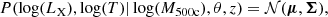 $$ \begin{aligned} P (\log (L_{\rm X}), \log (T)|\log (M_{\rm 500c}), \theta , z) = \mathcal{N} (\boldsymbol{\mu },\boldsymbol{\Sigma }), \end{aligned} $$