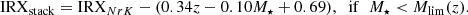 $$ \begin{aligned} \mathrm{IRX}_{\mathrm{stack} }= \mathrm{IRX}_{NrK} - (0.34 z - 0.10 M_{\star } + 0.69), \;\;\mathrm{if} \;\;M_{\star } < M_{\mathrm{lim} }(z) .\end{aligned} $$