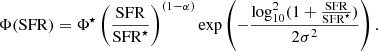 $$ \begin{aligned} \Phi (\mathrm{SFR}) = \Phi ^\star \left( \frac{\mathrm{SFR}}{\mathrm{SFR}^\star } \right)^{(1-\alpha )} \mathrm{exp} \left( -\frac{\mathrm{log} _{10}^2 (1+\frac{\mathrm{SFR}}{\mathrm{SFR}^\star })}{2\sigma ^2} \right) .\end{aligned} $$