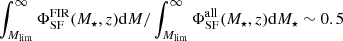$ \int_{M_{\mathrm{lim}}}^{\infty} \Phi_{\mathrm{SF}}^{\mathrm{FIR}}(M_{\star},z)\mathrm{d}M / \int_{M_{\mathrm{lim}}}^{\infty} \Phi_{\mathrm{SF}}^{\mathrm{all}}(M_{\star},z)\mathrm{d}M_{\star}\sim0.5 $