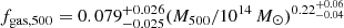 $ f_{\mathrm{gas,500}} = 0.079^{+0.026}_{-0.025} ( M_{500} / 10^{14}\, M_{\odot} )^{0.22^{+0.06}_{-0.04}} $