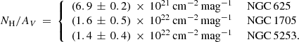 $$ \begin{aligned} N_{\mathrm{H}}/A_V\,=\,{\left\{ \begin{array}{ll} (6.9\,\pm \,0.2)\,\times \,10^{21}\,\mathrm{cm} ^{-2}\,\mathrm{mag} ^{-1}&\text{ NGC}\,625 \\ (1.6\,\pm \,0.5)\,\times \,10^{22}\,\mathrm{cm} ^{-2}\,\mathrm{mag} ^{-1}&\text{ NGC}\,1705 \\ (1.4\,\pm \,0.4)\,\times \,10^{22}\,\mathrm{cm} ^{-2}\,\mathrm{mag} ^{-1}&\text{ NGC}\,5253. \end{array}\right.} \end{aligned} $$