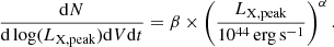 $$ \begin{aligned} \frac{\mathrm{d}N}{\mathrm{d}\log (L_{\rm X,peak})\mathrm{d}V\mathrm{d}t} = \beta \times \left(\frac{L_{\rm X,peak}}{10^{44}\,\mathrm{erg}\,\mathrm{s}^{-1}}\right)^\alpha . \end{aligned} $$