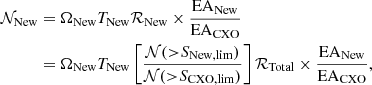 $$ \begin{aligned} \mathcal{N} _{\rm New}&= \Omega _{\rm New} T_{\rm New} \mathcal{R} _{\rm New} \times \frac{\mathrm{EA}_{\rm New}}{\mathrm{EA}_{\rm CXO}}\nonumber \\&=\Omega _{\rm New} T_{\rm New}\left[\frac{\mathcal{N} ({>}S_{\rm New,lim})}{\mathcal{N} ({>}S_{\rm CXO,lim})}\right]\mathcal{R} _{\rm Total}\times \frac{\mathrm{EA}_{\rm New}}{\mathrm{EA}_{\rm CXO}}, \end{aligned} $$