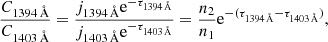 $$ \begin{aligned} \frac{C_{1394\,\AA }}{C_{1403\,\AA }}=\frac{j_{1394\,\AA }\mathrm{e} ^{-\tau _{1394\,\AA }}}{j_{1403\,\AA }\mathrm{e} ^{-\tau _{1403\,\AA }}}=\frac{n_2}{n_1}\mathrm{e} ^{-(\tau _{1394\,\AA }-\tau _{1403\,\AA })}, \end{aligned} $$