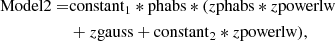 $$ \begin{aligned} \mathrm{Model2} =&\mathrm{constant}_1 * \mathrm{phabs} * (z\mathrm{phabs} * z\mathrm{powerlw}\nonumber \\&+ z\mathrm{gauss} + \mathrm{constant}_2 * z\mathrm{powerlw}), \end{aligned} $$