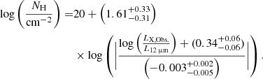 $$ \begin{aligned} \mathrm{log} \left(\frac{N_{\rm H}}{\mathrm{cm}^{-2}}\right) =&20 + \left(1.61^{+0.33}_{-0.31}\right)\nonumber \\&\times \mathrm{log}\left(\bigg | \frac{\mathrm{log}\left(\frac{L_{\rm X,Obs.}}{L_{12\,\upmu \mathrm{m}}}\right) + (0.34^{+0.06}_{-0.06})}{\left(-0.003^{+0.002}_{-0.005}\right)}\bigg | \right). \end{aligned} $$